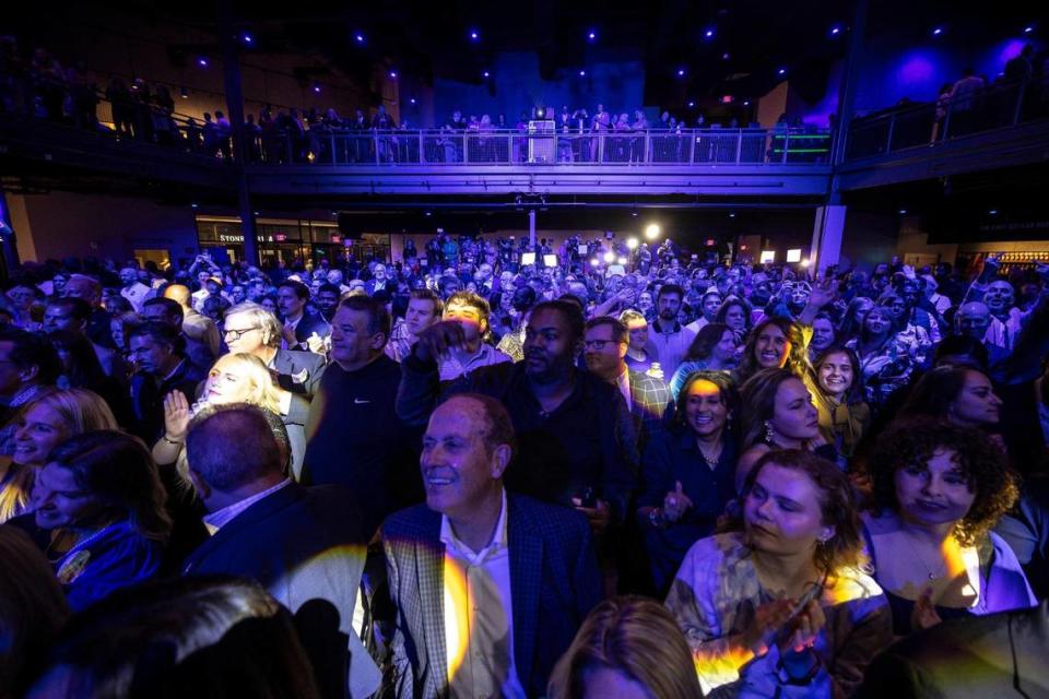 Supporters of Kentucky Gov. Andy Beshear cheer during an election night watch party at Old Forester’s Paristown Hall in Louisville, Ky., on Tuesday, Nov. 7, 2023.