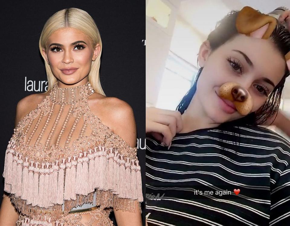 <p>En novembre, Kylie a dit adieu à ses longues mèches blondes et a renoué avec sa couleur brune naturelle. « Je suis de retour », a-t-elle confié à ses fans sur Snapchat. <em>(Photos : Getty/Snapchat/November 2016)</em> </p>