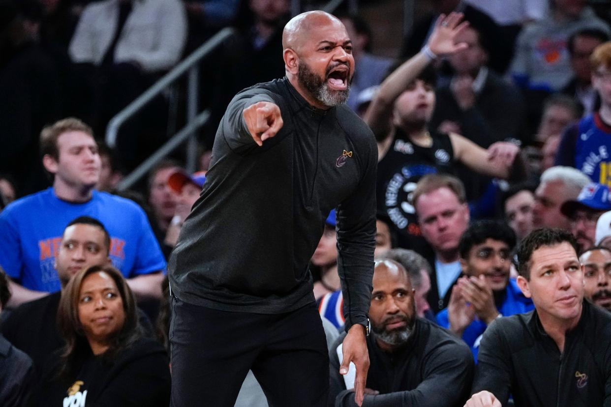 Cavaliers coach J.B. Bickerstaff argues a call during the first half of Game 3 of the team's first-round playoff series against the Knicks on Friday, April 21, 2023, in New York.