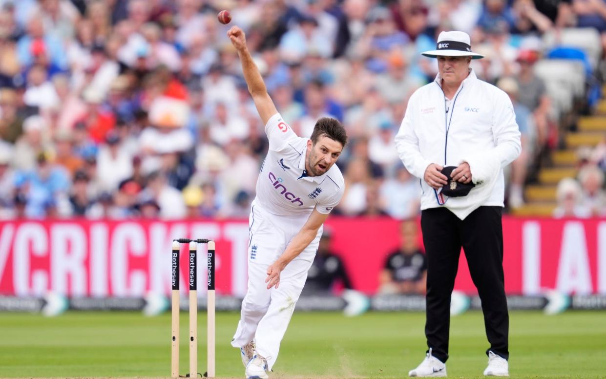 England's Mark Wood during day one of the Third test against West Indies at Edgbaston, July 26, 2024.