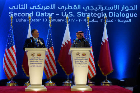 US Secretary of State Mike Pompeo (L) and Qatari Deputy Prime Minister and Minister of Foreign Affairs Sheikh Mohammed bin Abdulrahman Al-Thani, hold a joint press conference at the Sheraton Grand in the Qatari capital Doha, Qatar January 13, 2019. Andrew Caballero-Reynolds/Pool via Reuters