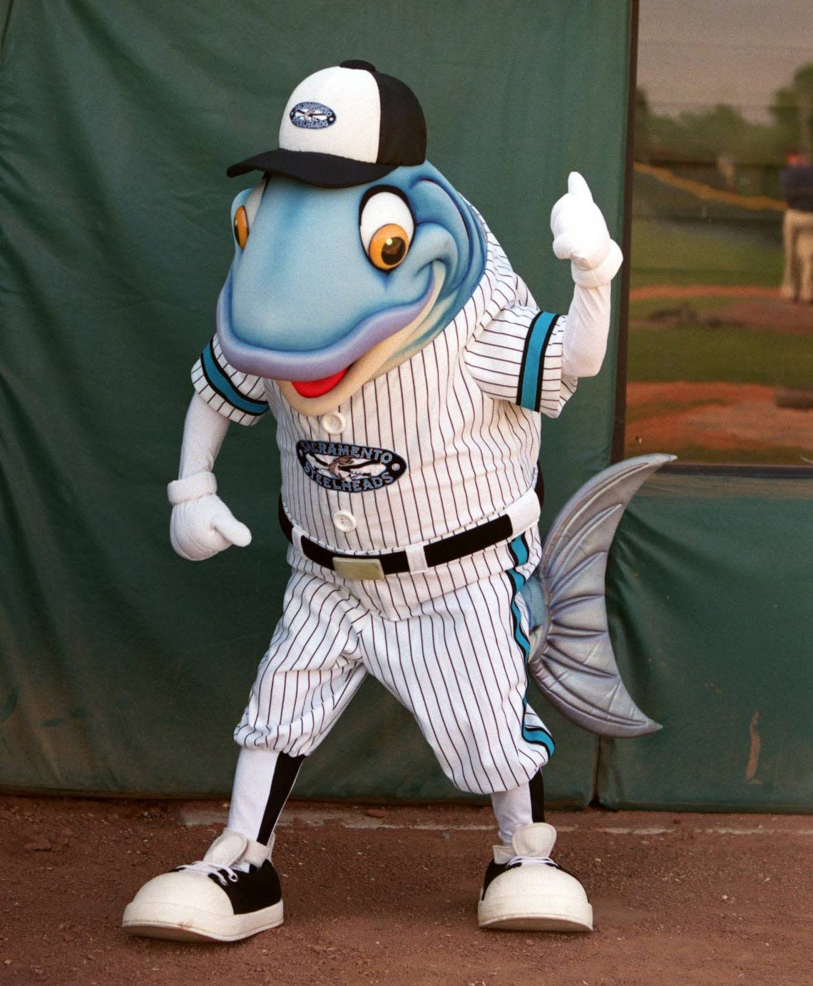 The mascot for the Sacramento Steelheads, an independent professional baseball team, makes an appearance at media day in May 1999. The team played at Sacramento City College for one season.