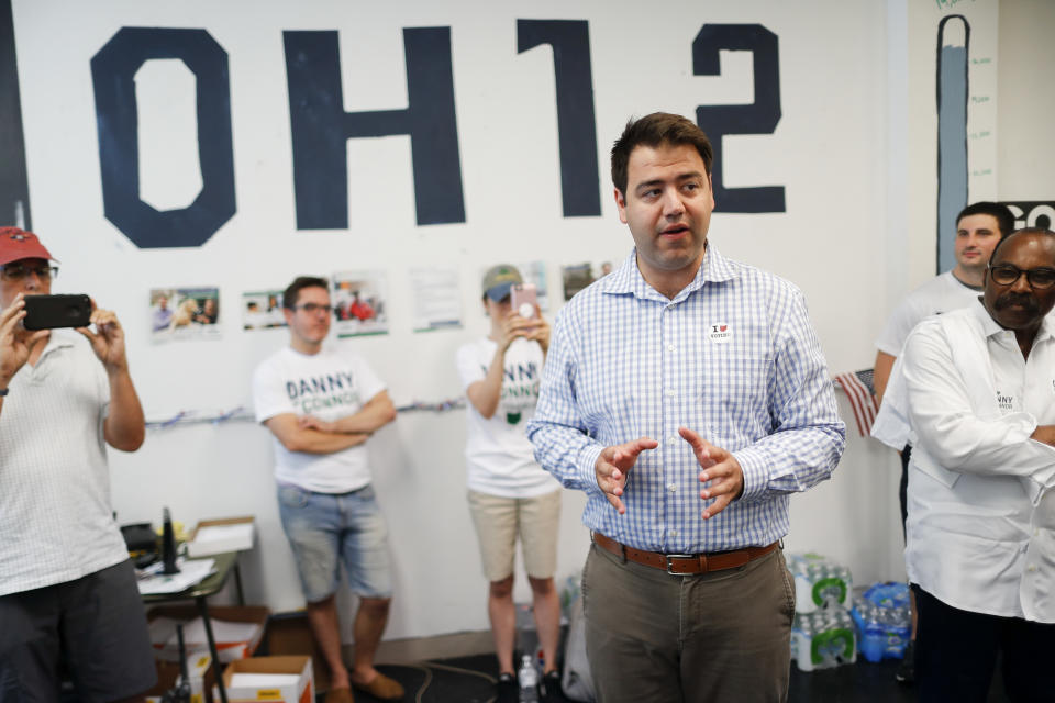 FILE – In this Aug. 7, 2018, file photo, Franklin County, Ohio, Recorder Danny O'Connor, center, the Democratic candidate running to succeed former Republican U.S. Rep. Pat Tiberi in Ohio's 12th District, speaks to volunteers and supporters at his campaign headquarters in Columbus, Ohio. Two-term Republican Ohio state Sen. Troy Balderson was certified Friday, Aug. 24, 2018, as the winner of a previously deadlocked congressional special election, defeating O'Connor to fill the final months of Tiberi's unexpired term, but both will face off again in the Nov. 6, 2018, general election to win a full, two-year term. (AP Photo/John Minchillo, File)