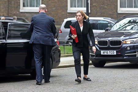 Britain's Home Secretary Amber Rudd arrives in Downing Street in London, Britain, April 12, 2018. REUTERS/Simon Dawson
