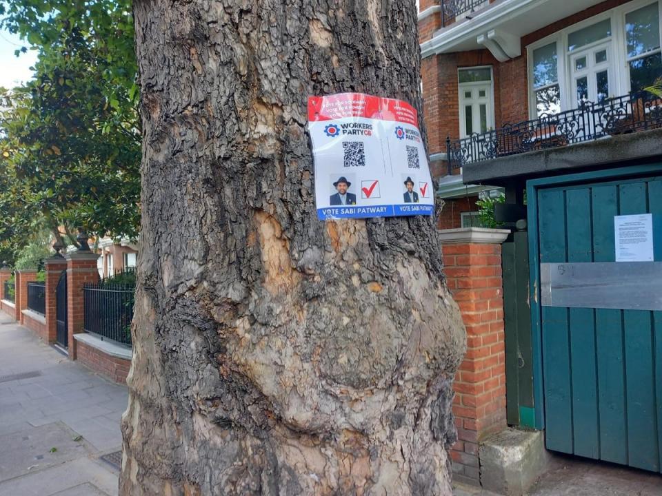 Workers Party of Britain flyer on a tree in Kensington and Chelsea (GH)