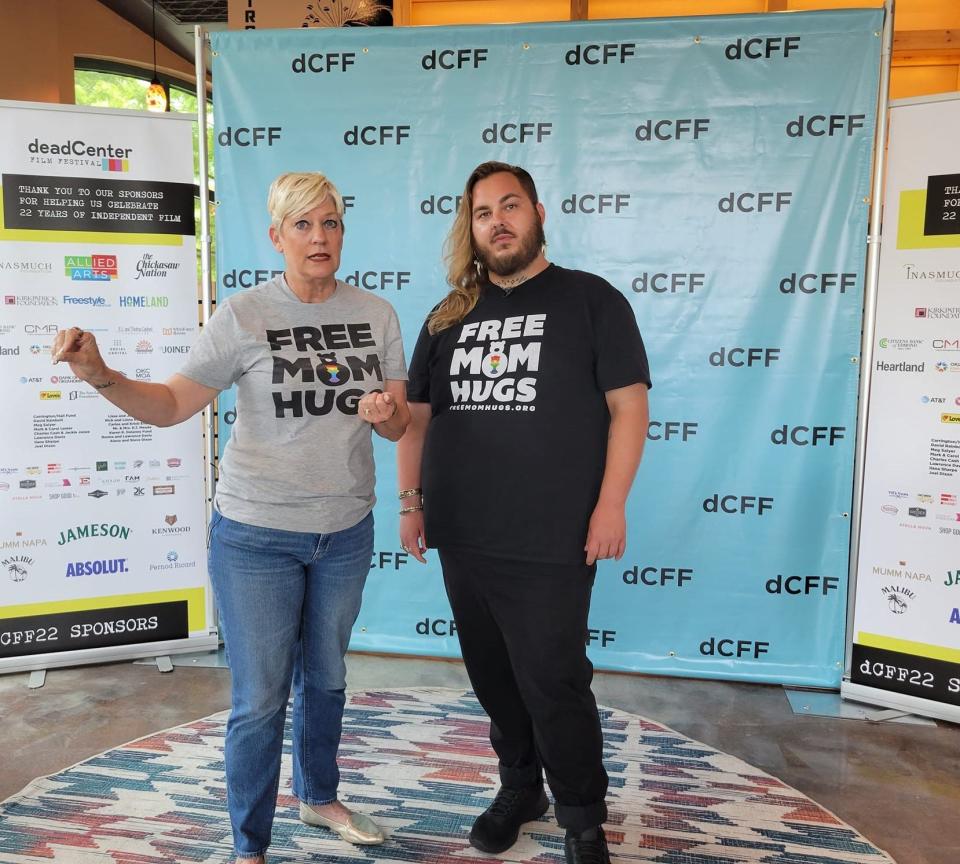 Oklahoma City residents Sara Cunningham and her son, Parker Cunningham, talk about their worldwide movement Free Mom Hugs on June 9 in the press room of the 2022 deadCenter Film Festival in downtown Oklahoma City. The Cunninghams are featured in the documentary "Mama Bears," which was the opening-night selection at the festival.