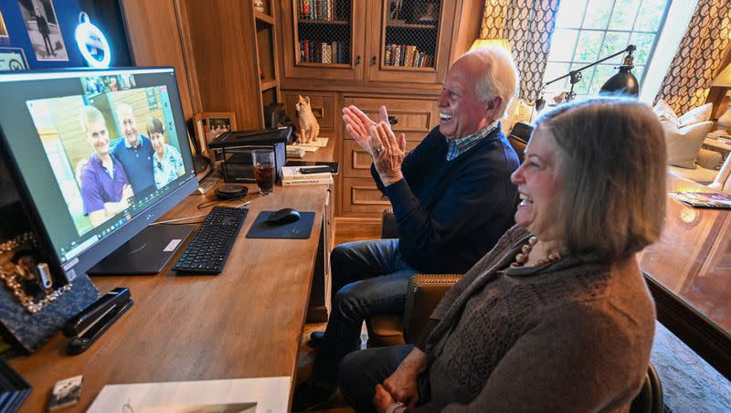 Dell Loy Hansen sits with his cousin Lucinda Wiser, who is visiting at his home in Holladay, as they watch a home gifting to Valentina, Viktor and Sergiy Teplyuk in Bogdanivka, Kyiv Region, live on Zoom in Ukraine with To Ukraine with Love on Thursday, Sept. 28, 2023.