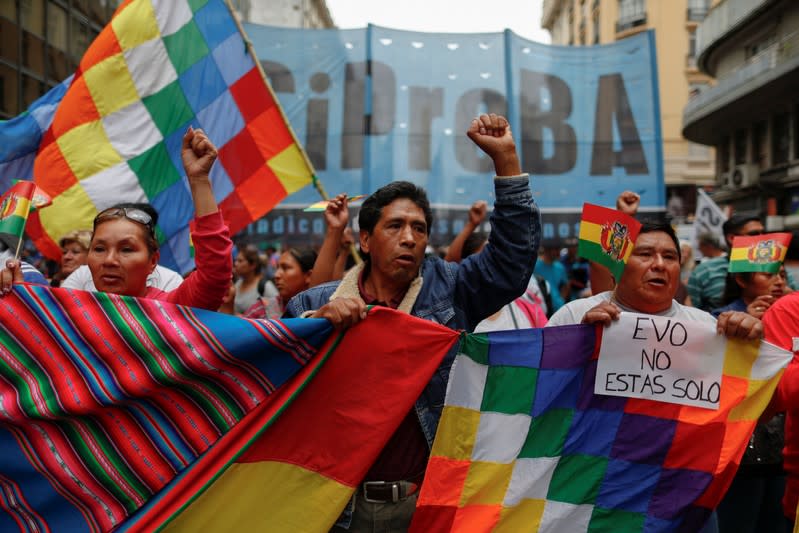 Demonstration in support of Bolivian President Evo Morales after he announced his resignation on Sunday, in Buenos Aires