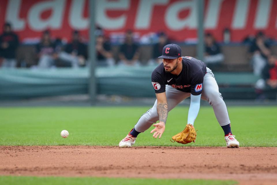 Guardians third baseman Gabriel Arias waits for a ground ball during the first inning against the Royals, June 28, 2023, in Kansas City, Missouri.