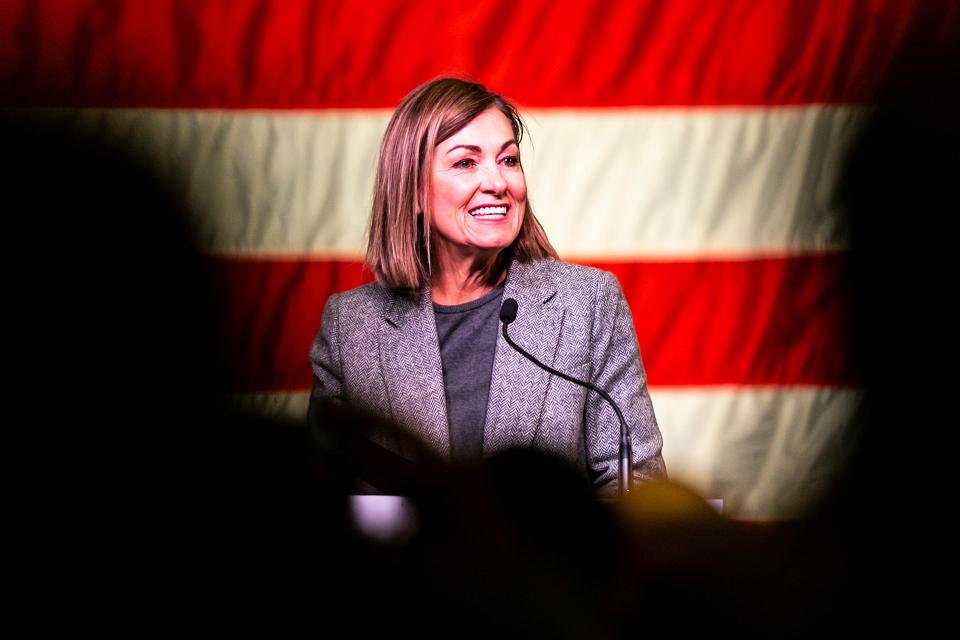 Iowa Gov. Kim Reynolds speaks during the Freedom Blueprint Event with Florida Gov. Ron DeSantis, Friday, March 10, 2023, at Rhythm City Casino Resort in Davenport, Iowa.