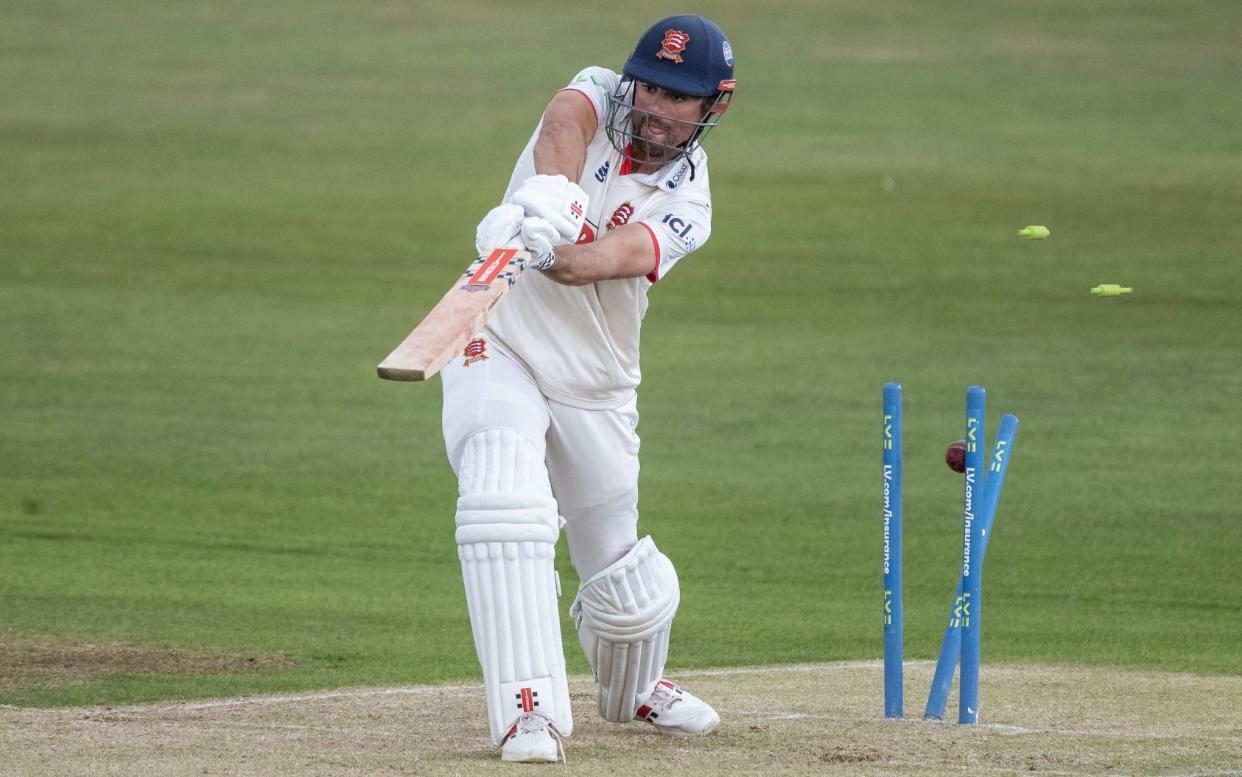 Alastair Cook of Essex is clean bowled by Tom Taylor of Northamptonshire during the LV= Insurance County Championship match between Northamptonshire and Essex at The County Ground on September 26, 2022 in Northampton - Getty Images