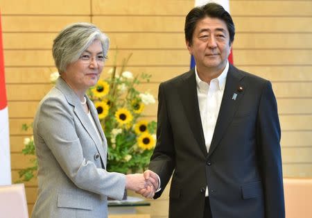 South Korea's Foreign Minister Kang Kyung-wha (L) meets with Japan's Prime Minister Shinzo Abe at Abe's official residence in Tokyo on July 8, 2018. Kazuhiro Nogi/Pool via Reuters