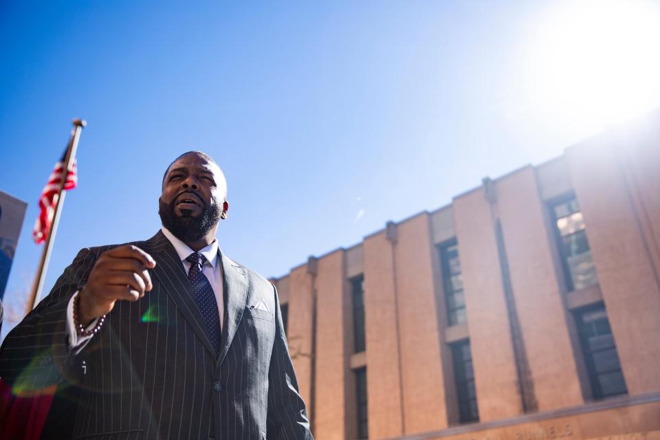 Civil Rights Attorney DeWitt Lacy speaks to the media during a news conference on Wednesday, Feb. 8, 2023, outside of the U.S. Federal District Courthouse.