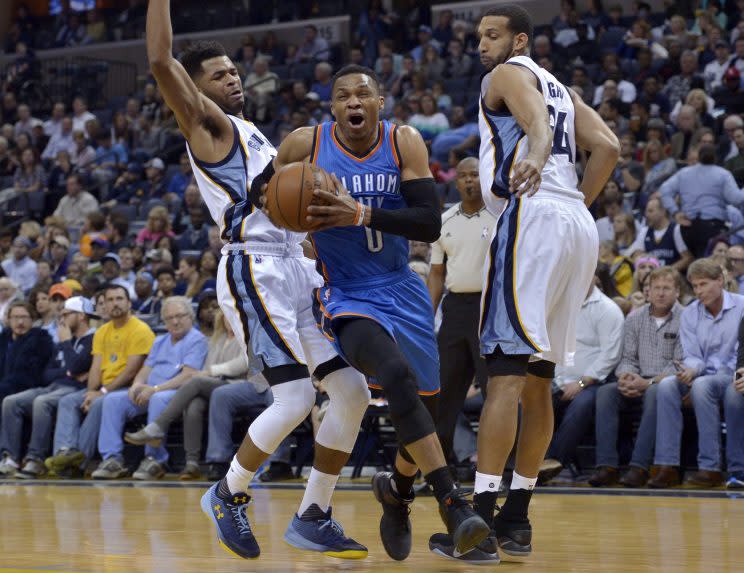 Russell Westbrook celebrates a split double-team. (AP)