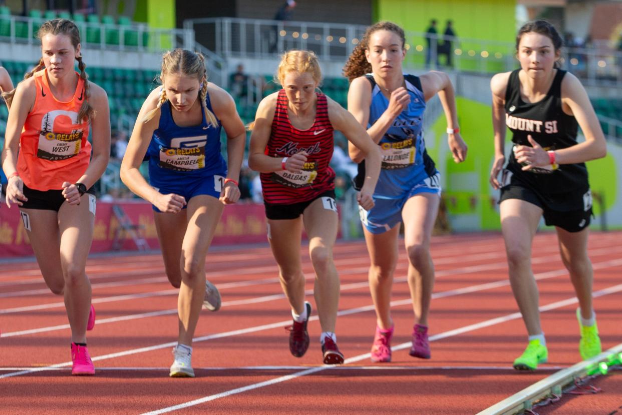 North Salem Nelida Dalgas, center, starts with the pack in the girls 2 mile final at the Oregon Relays at Hayward Field Friday, April 19, 2024.