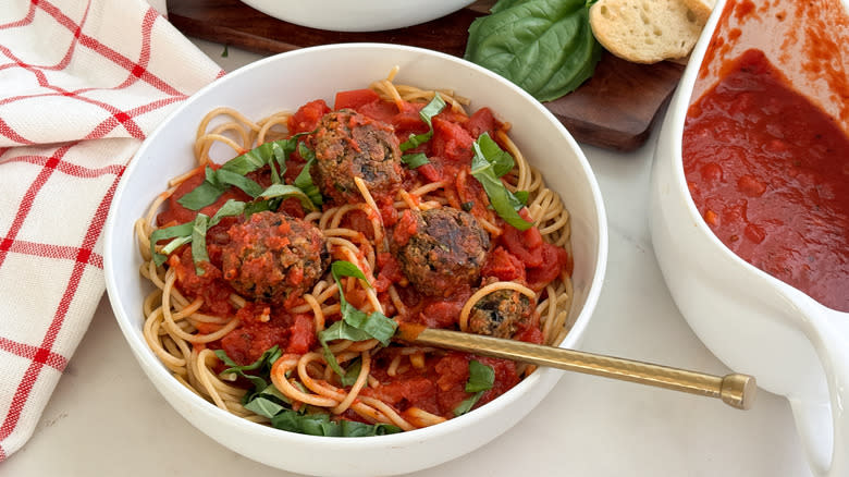 bowl of pasta and balls