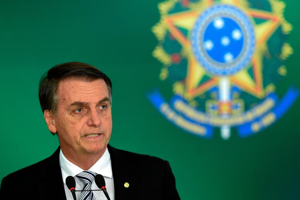 Brazilian president-elect Jair Bolsonaro delivers a joint press conference with Brazilian President Michel Temer (out of frame) after a meeting in Brasilia on Nov. 7, 2018.