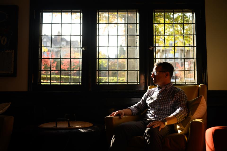 Michael Bernstein, director of the organization to rebuild Tree of Life into an international institution dedicated to "ending antisemitism through education, engagement and action," sits in his home on Wednesday, Oct. 25, 2023, in Pittsburgh's Squirrel Hill neighborhood.