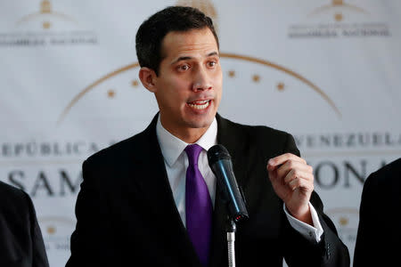 FILE PHOTO: Juan Guaido, President of the Venezuelan National Assembly and lawmaker of the opposition party Popular Will (Voluntad Popular), speaks during a news conference in Caracas, Venezuela January 10, 2019. REUTERS/Carlos Garcia Rawlins/File Photo