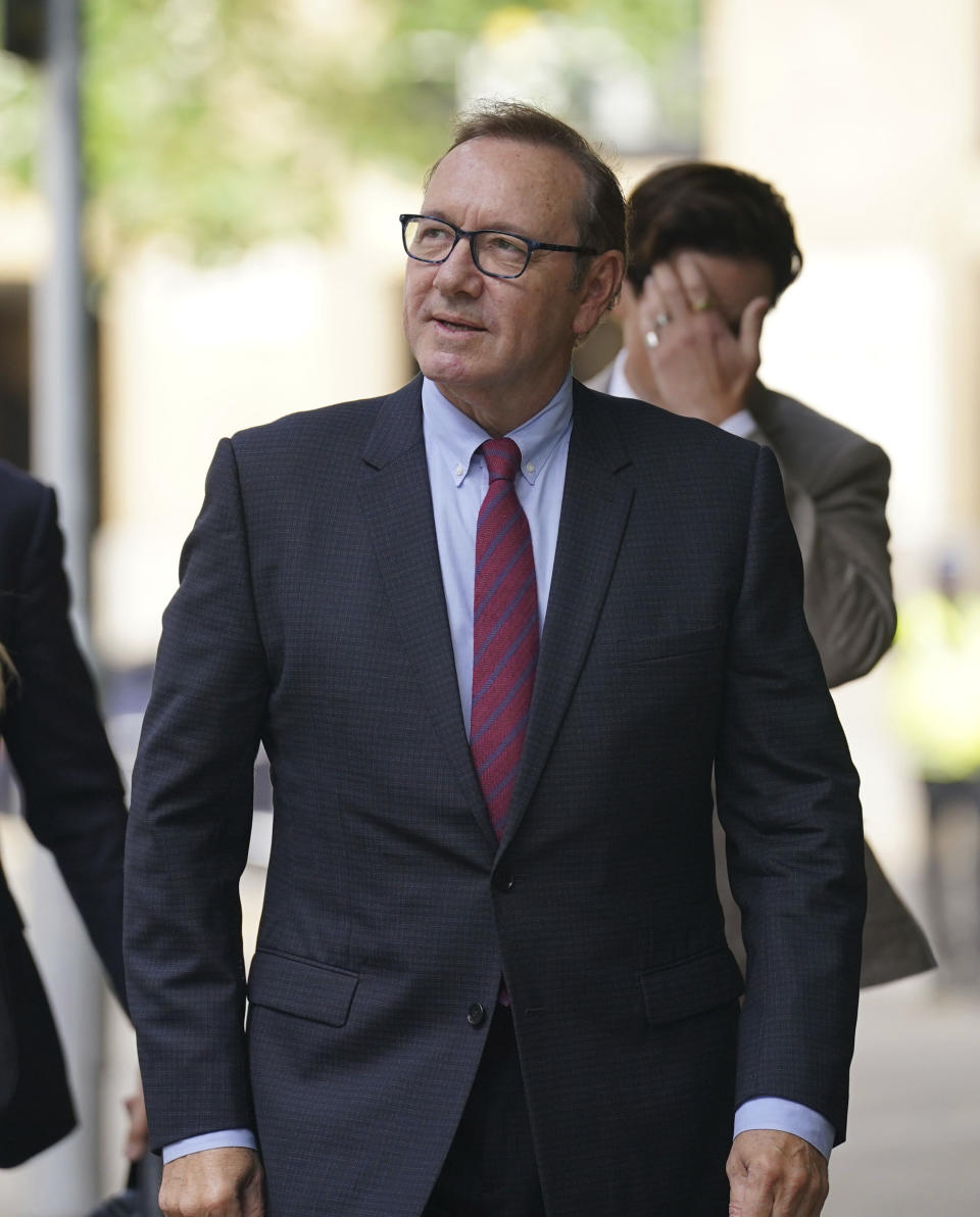 Actor Kevin Spacey arrives at Southwark Crown Court where he is accused of sexual offenses against four men while he worked at the Old Vic Theatre in London, Thursday July 6, 2023. (Lucy North/PA via AP)