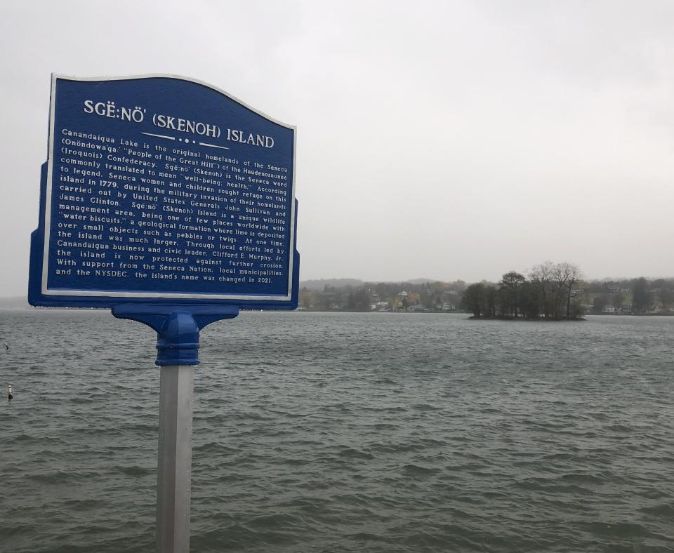 A new sign for Skenoh Island is now up on Canandaigua's City Pier.