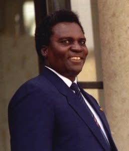 FILE PHOTO: President of Rwanda Juvenal Habyarimana on a visit to France in this April 2, 1990 file photo, was reported to have been killed when his plane was fired on as it was landing at Kigali April 6