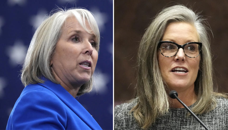 FILE - This combo images shows New Mexico Gov. Michelle Lujan Grisham, left, and Arizona Gov. Katie Hobbs, right. Trade missions took Lujan Grisham and counterpart Hobbs to the self-governing island of Taiwan that China would like to see reunited with the mainland. (AP Photo, File)