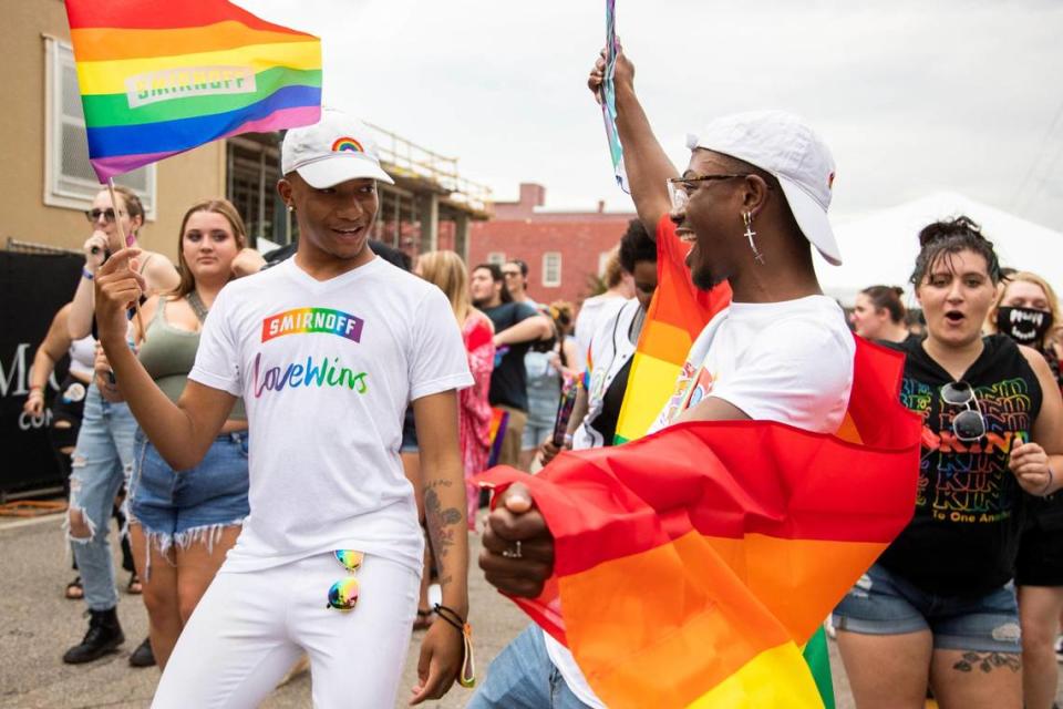 Xakwon Harris and Ben Jackson dance at OutFest in Columbia, South Carolina on Saturday, June 6, 2021. The festival took place in the Vista and hosted a drag competition.