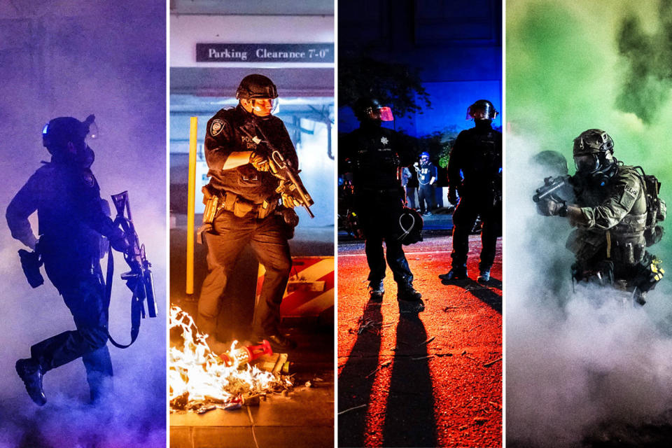 Portland police and Department of Homeland Security officers during the Portland Protests of 2020 in Oregon. (Getty Images; AP)