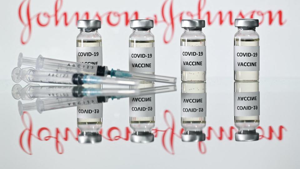 <span class="caption">Vials of the Johnson & Johnson vaccine to prevent COVID-19. The use of this particular vaccine has been halted temporarily. </span> <span class="attribution"><a class="link " href="https://www.gettyimages.com/detail/news-photo/an-illustration-picture-shows-vials-with-covid-19-vaccine-news-photo/1229653990?adppopup=true" rel="nofollow noopener" target="_blank" data-ylk="slk:Justin Tallis/AFP via Getty Images;elm:context_link;itc:0;sec:content-canvas">Justin Tallis/AFP via Getty Images</a></span>