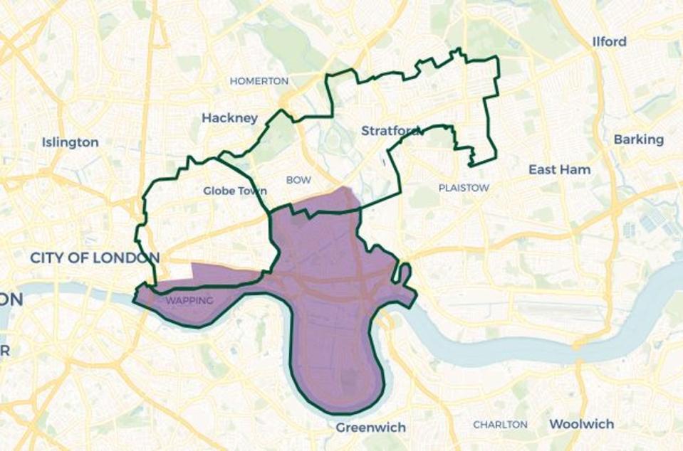 Poplar and Limehouse constituency map. Purple shaded area: current constituency boundary. Green outlines new constituency boundaries (commonslibrary)