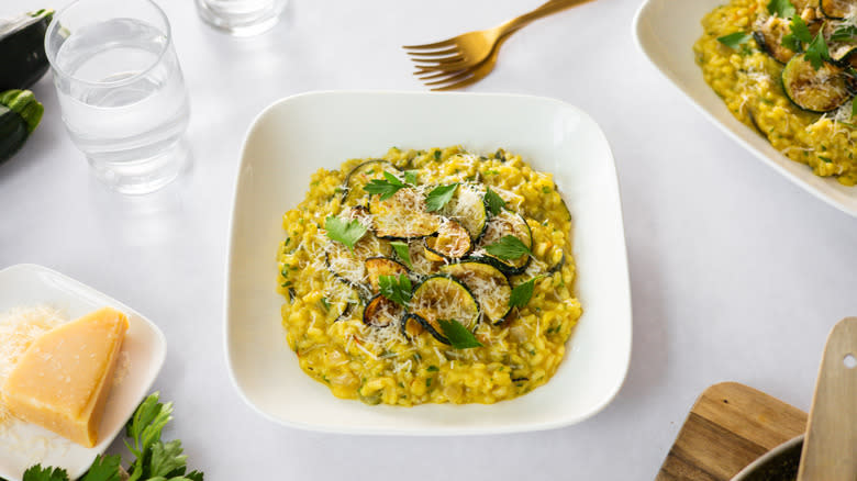 saffron zucchini risotto on plate 