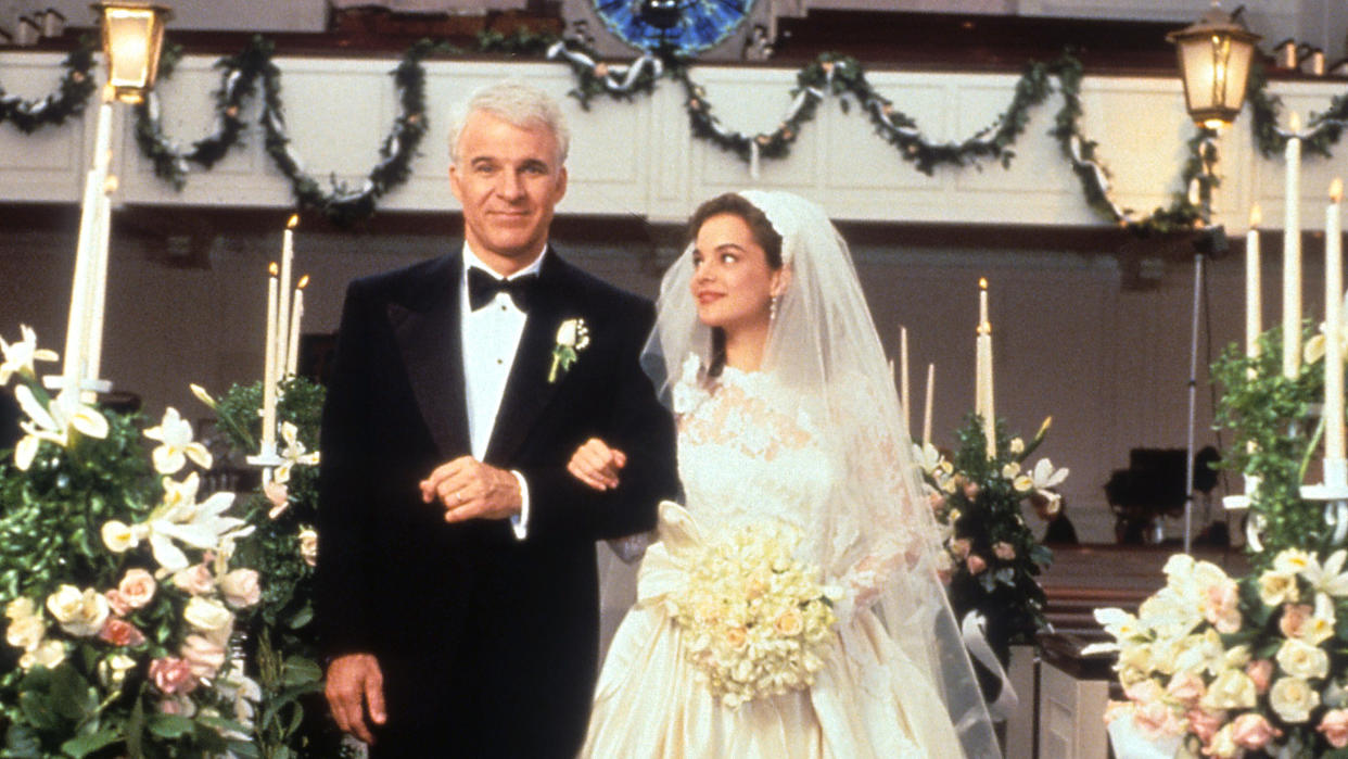 Steve Martin walking down the aisle with Kimberly Williams-Paisley in a scene from the film 'Father Of The Bride'. (Photo by Touchstone/Getty Images)