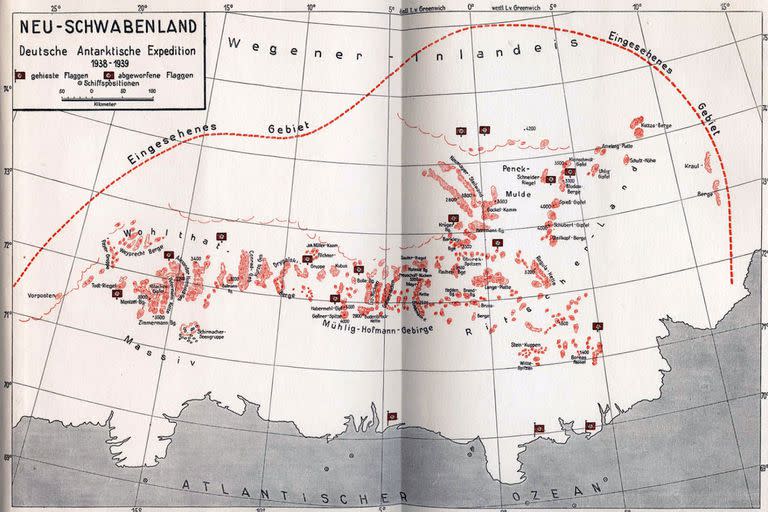 Mapa alemán de la nueva conquista antártica Neuschwabenland (Nueva Suabia): 1938-1939