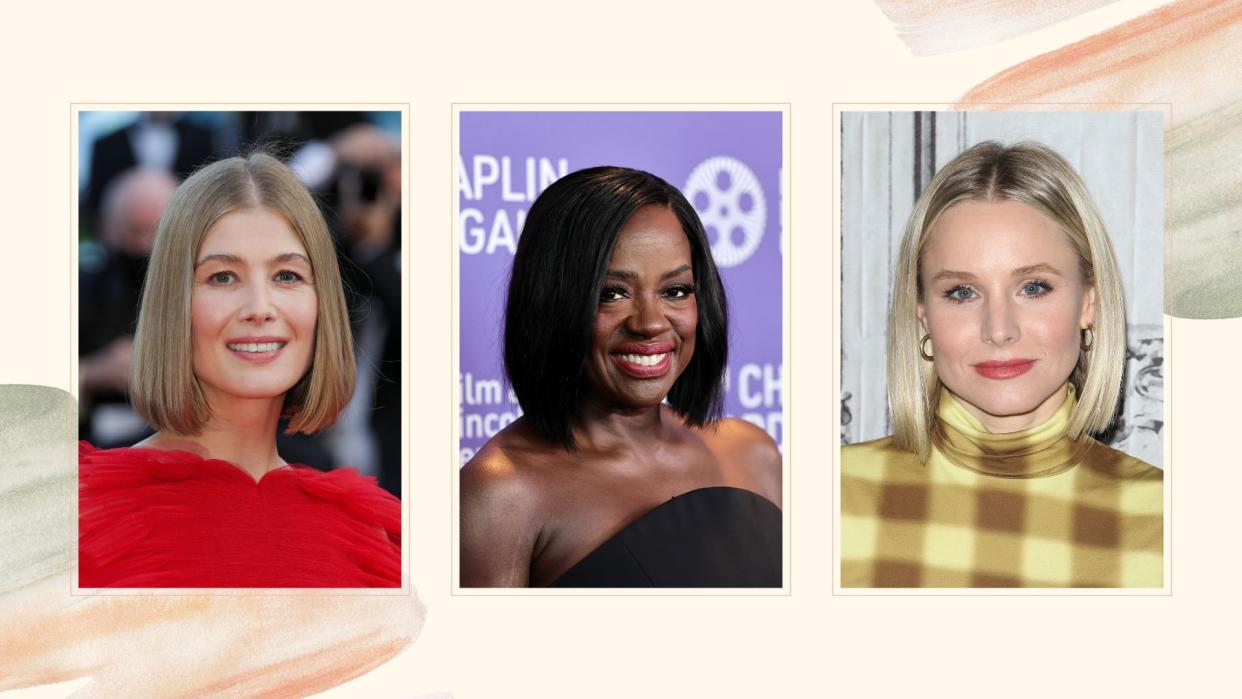  A trio of celebrities with blunt bobs, including Rosamund Pike, Viola Davis and Kristen Bell. 