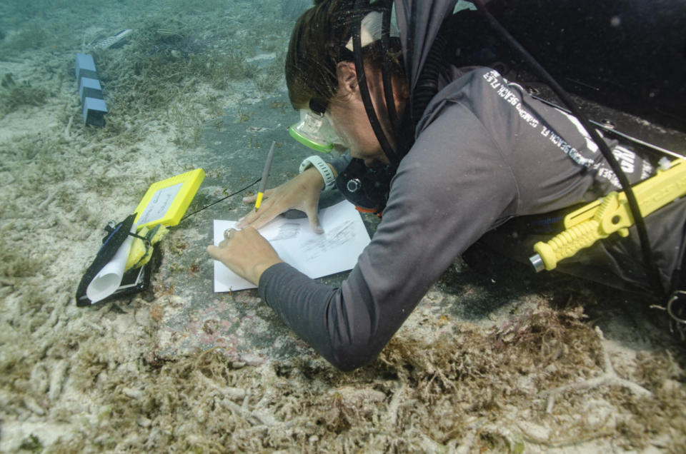 This image courtesy of the National Park Service shows University of Miami graduate student Devon Fogarty taking a rubbing of John Greer’s gravestone underwater at Dry Tortugas National Park in August 2022, in Florida. Archeologists have found the remains of a 19th century quarantine hospital and cemetery on a submerged island in Florida's Dry Tortugas National Park, according to park officials Monday, May 1, 2023. (C. Sproul/National Park Service via AP)