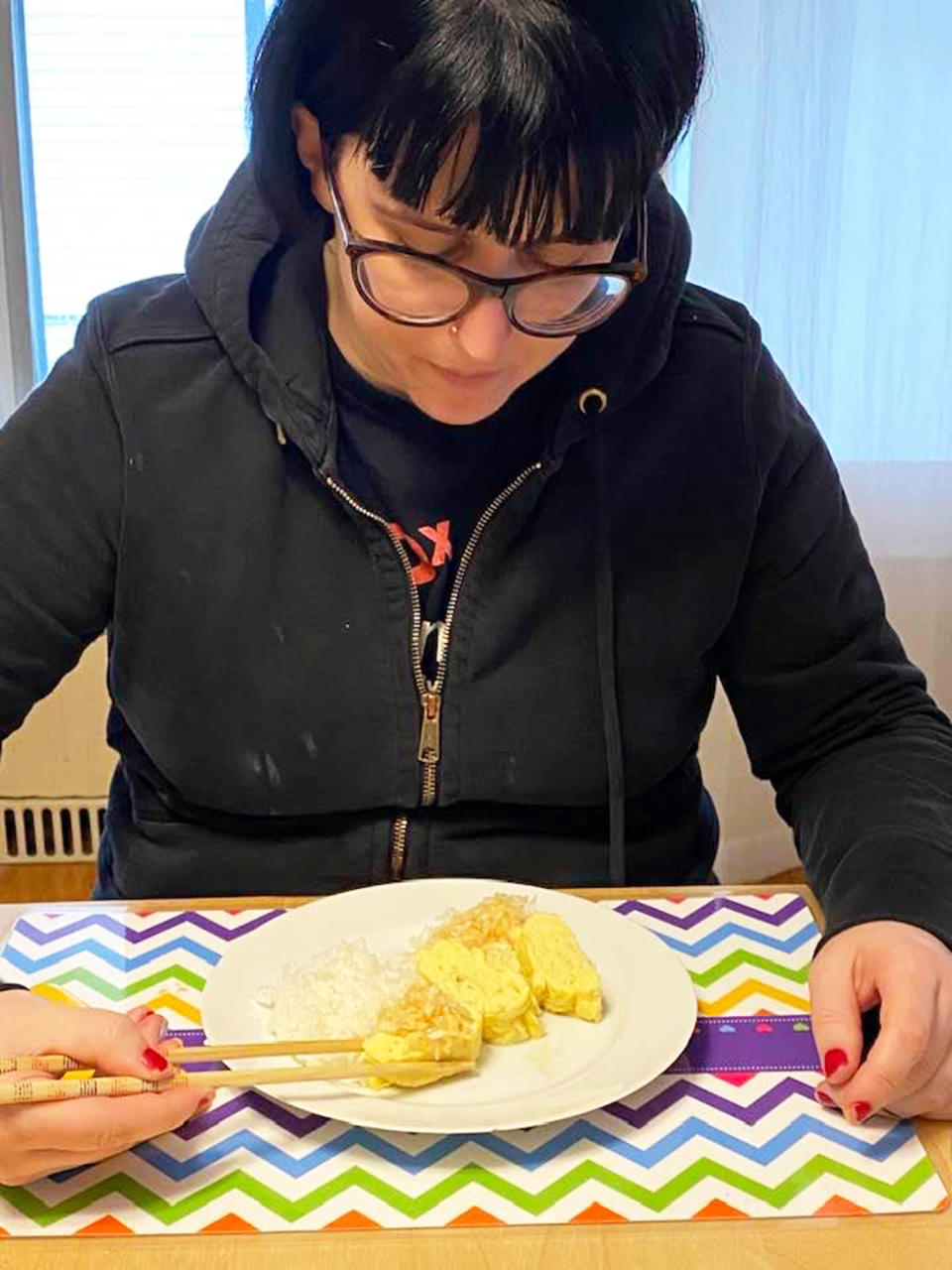 My dad and I experimented with tamagoyaki (Japanese rolled omelet), which was fun to make and try. (Courtesy Lizzie Stark)