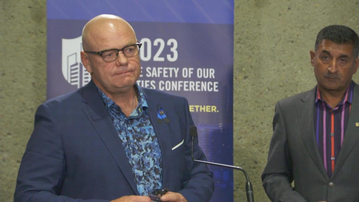 Edmonton Police Service Chief Dale McFee spoke to the media at the conference about how police forces are working to integrate data to better inform decision-making through the forces' academic council. (David Bajer/CBC - image credit)