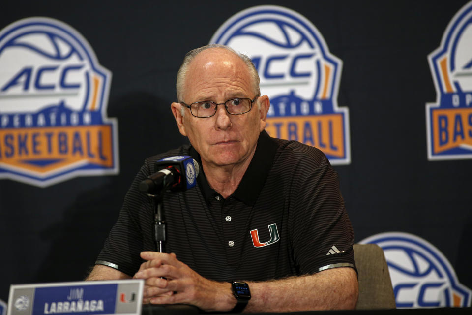 Miami coach Jim Larranaga answers a question during the Atlantic Coast Conference NCAA college basketball media day in Charlotte, N.C., Tuesday, Oct. 8, 2019. (AP Photo/Nell Redmond)