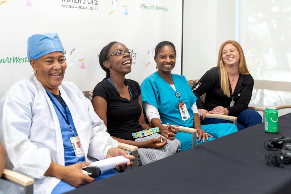 Nurses Florient Alexis, left, new mom Czierrah Tomblin, Jeannina Ganthier and Erika Feinstein answer question during a press conference at the West Boca Medical Center in Boca Raton, Florida on March 7, 2023. Tomblin gave birth to Cheyenne Tomblin who weighed just 12 ounces on September 11, 2022.