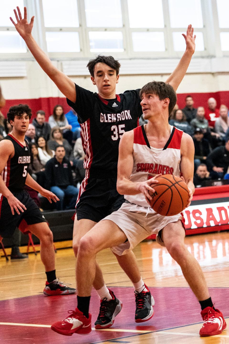 Mason Mangione (35), shown here last season, and host Glen Rock defeated Jefferson, 64-61, in a North 1, Group 2 boys basketball quarterfinal.