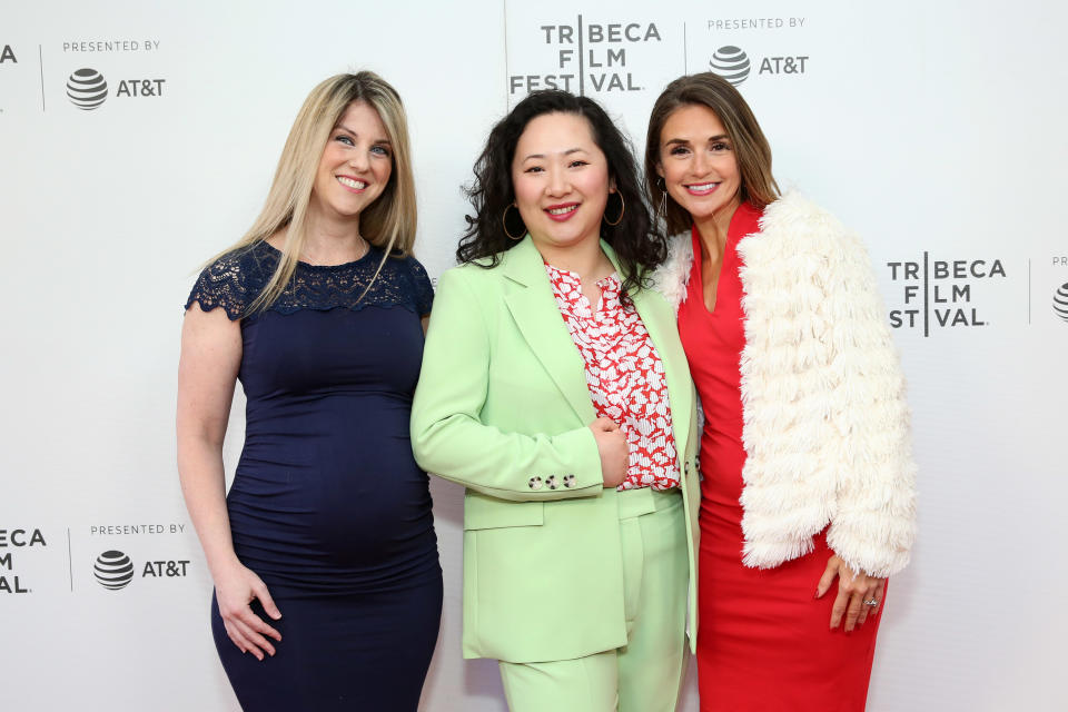 (Left to right) Former Buffalo Jills cheerleader Maria Pinzone, director Yu Gu and former Raiderette cheerleader Lacy Thibodeaux Fields are the driving force behind the film "A Woman's Work: The NFL's Cheerleader Problem." (Photo by Monica Schipper/Getty Images for Tribeca Film Festival)