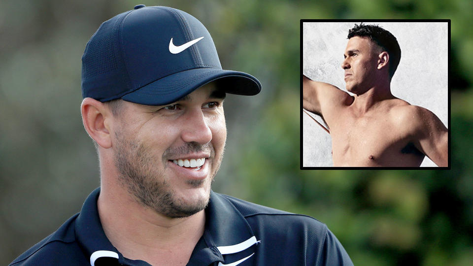 Pictured here, Brooks Koepka and an image from his 2019 naked photo shoot. 