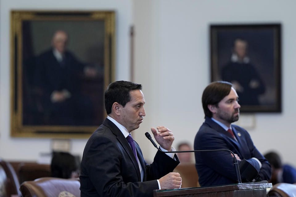 Texas state Rep. Trey Martinez Fischer, D-San Antonio, left, debates a voting bill at the Texas Capitol in Austin, Texas, Tuesday, May 23, 2023. (AP Photo/Eric Gay)