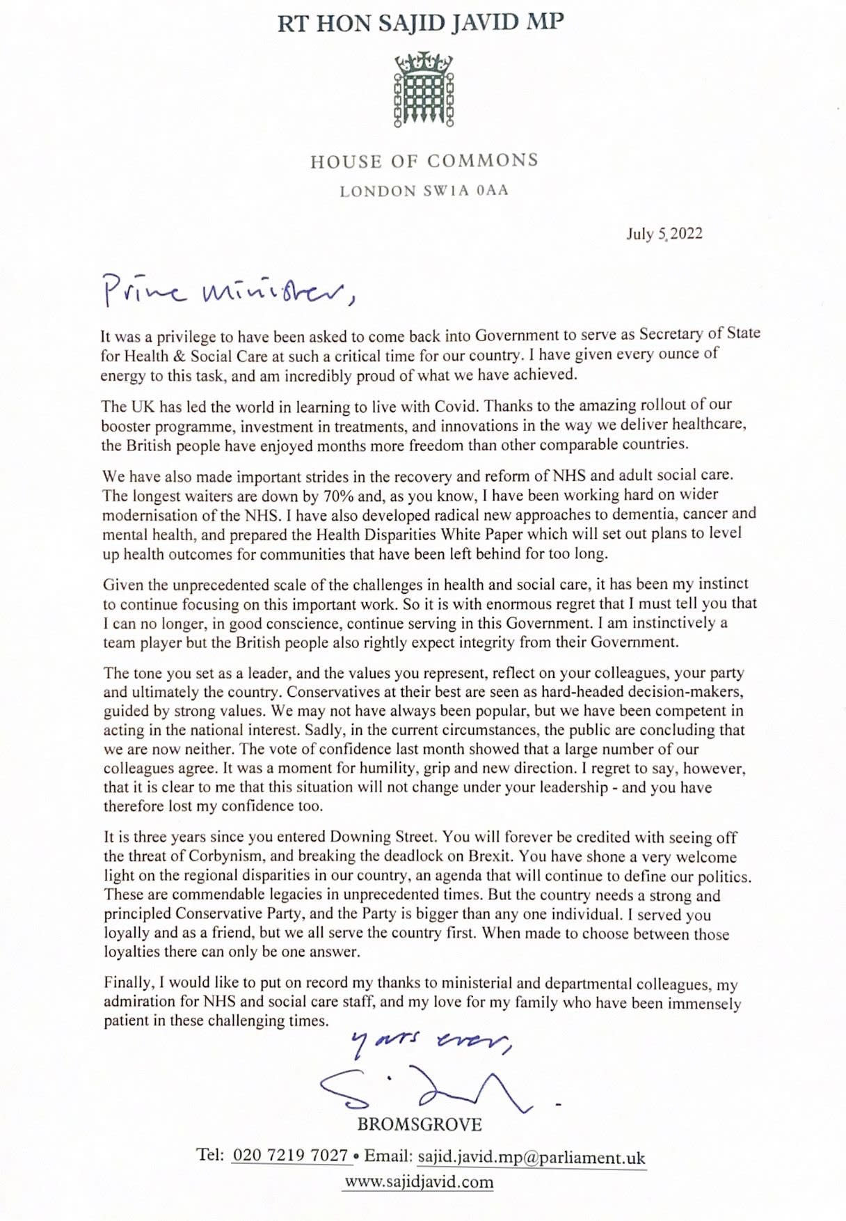 Handout photo of the letter sent by Health Secretary Sajid Javid to Prime Minister Boris Johnson offering his resignation and saying that following last month's vote of confidence 