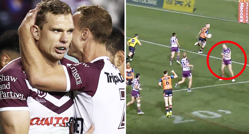 Tom Trbojevic in action for Manly against Wests Tigers.