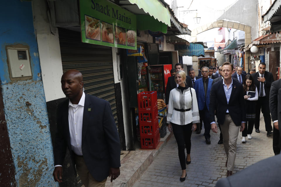 Ivanka Trump, the daughter and senior adviser to President Donald Trump and Sean Cairncross, CEO of the Millennium Challenge Corporation walk in a medina in Rabat, Morocco, Thursday, Nov. 7, 2019. (AP Photo/Jacquelyn Martin)