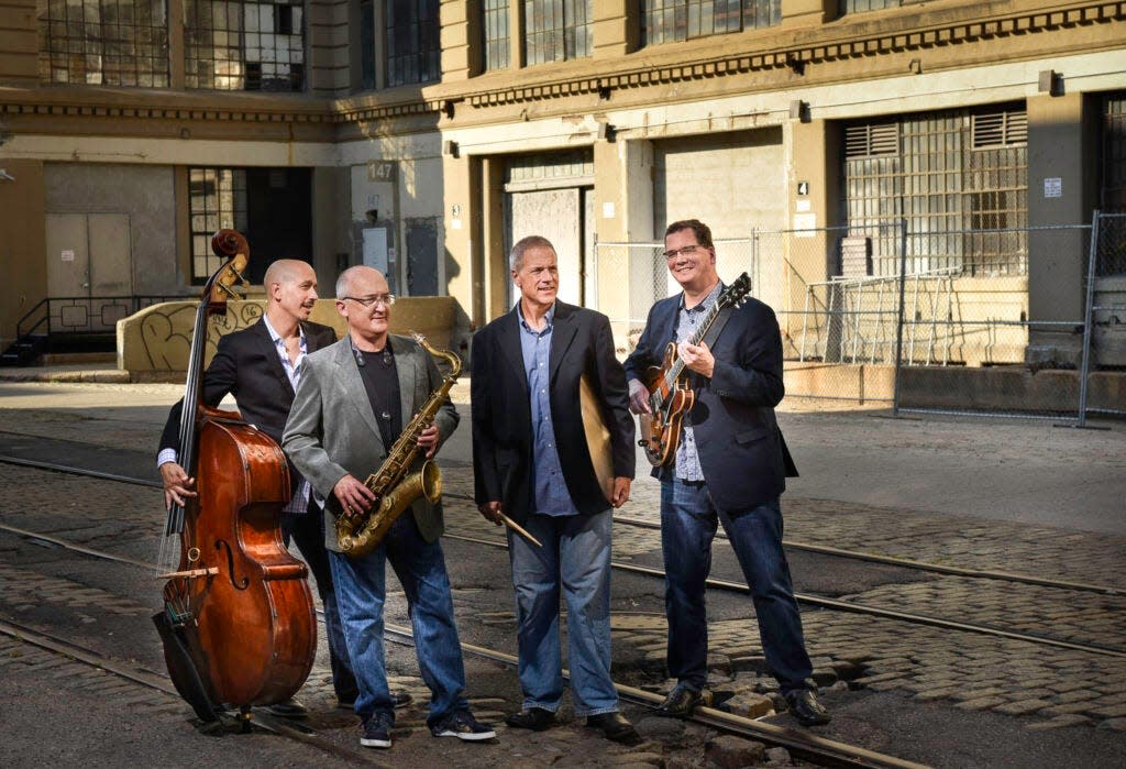 The New York City-based jazz quartet Spin Cycle — bassist Phil Palombi, saxophonist Tom Christensen, drummer Scott Neumann and guitarist Pete McCann — performs Oct. 19, 2023, at Merrimans’ Playhouse in South Bend.