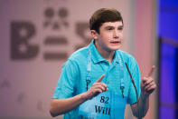 <p>Will Lourcey of Fort Worth, Texas, correctly spells his word during the 90th Scripps National Spelling Bee in Oxon Hill, Md., Wednesday, May 31, 2017. (AP Photo/Cliff Owen) </p>