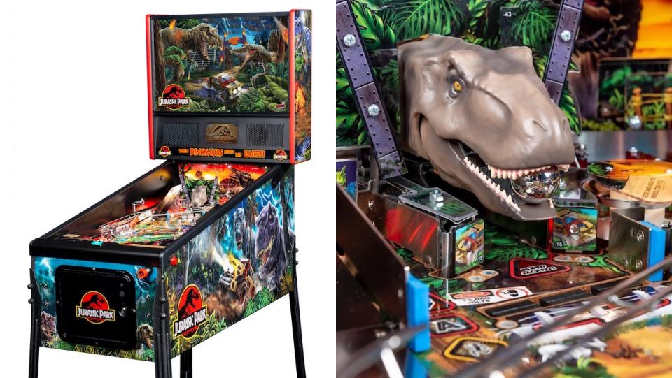 A Jurassic Park pinball machine net to a photo of the T.rex inside the machine